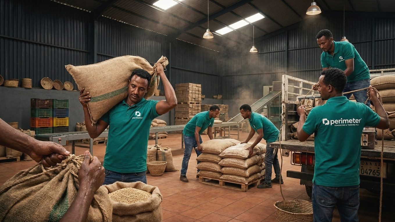Export sacks being loaded in the Perimeter warehouse