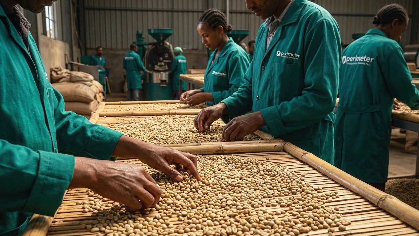 Perimeter team sorting green coffee for export